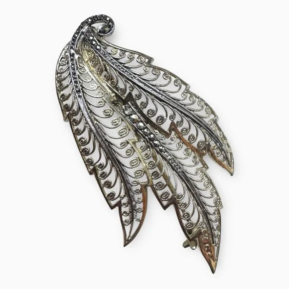 ALICE CAVINESS Vintage Germany Sterling Silver Filigree Leaf Brooch, Signed